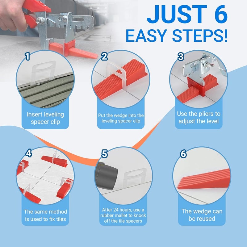 TEANTECH Tile Leveling System Kit, 600pcs Tile Leveler Spacers Clips+150pcs Reusable Wedges+1pc Tile Pliers for Wall/Floor Tile Adjustment, Leveling Tile System for Ceramic Tile(Red, 1/16”-1.5mm) - Image 5